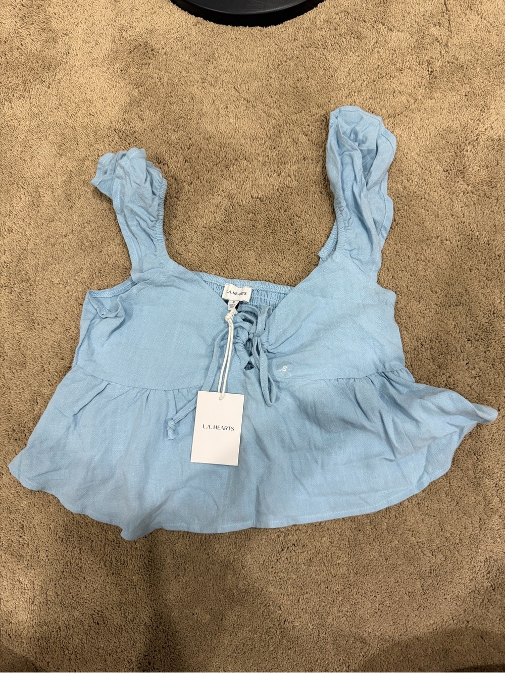 Pacsun LA Hearts Blue Babydoll Top with Ruffle Sleeves & Front Hole Tie, Small